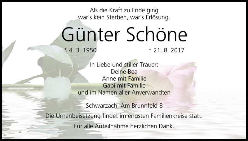  Traueranzeige für Günter Schöne vom 02.09.2017 aus MGO
