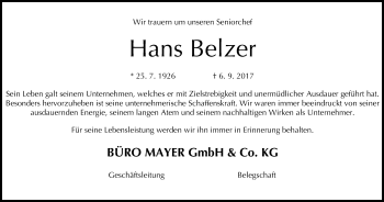 Anzeige von Hans Belzer von MGO