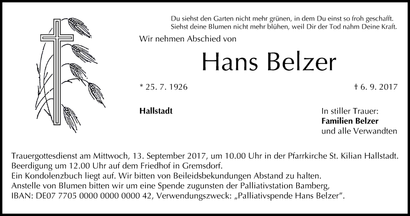  Traueranzeige für Hans Belzer vom 09.09.2017 aus MGO