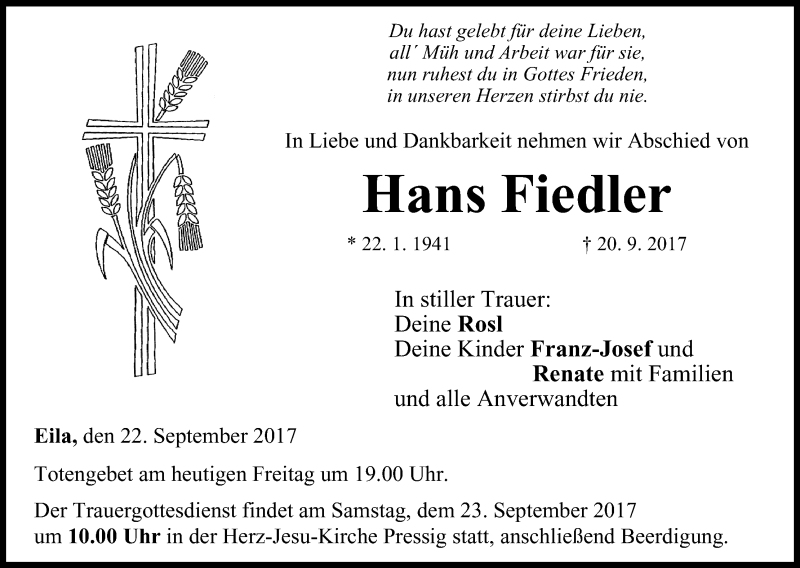  Traueranzeige für Hans Fiedler vom 22.09.2017 aus MGO