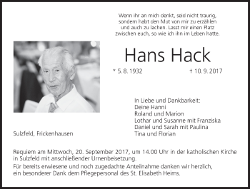 Anzeige von Hans Hack von MGO