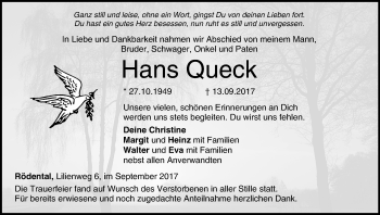 Anzeige von Hans Queck von MGO