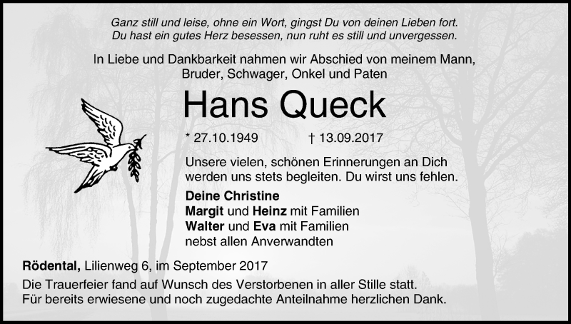  Traueranzeige für Hans Queck vom 23.09.2017 aus MGO
