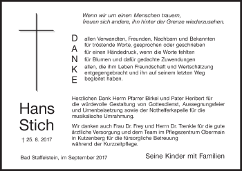 Anzeige von Hans Stich von MGO