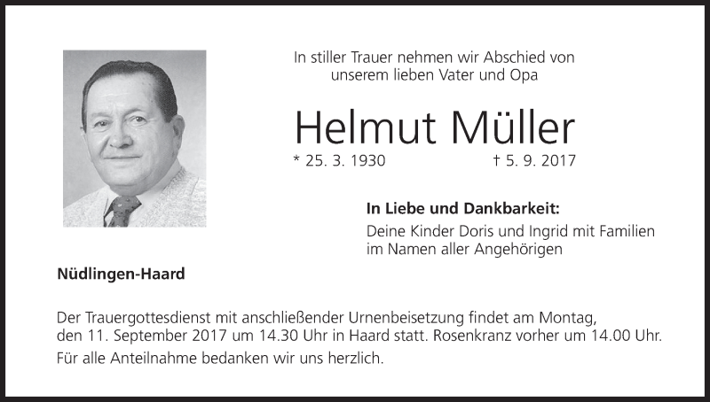  Traueranzeige für Helmut Müller vom 08.09.2017 aus MGO