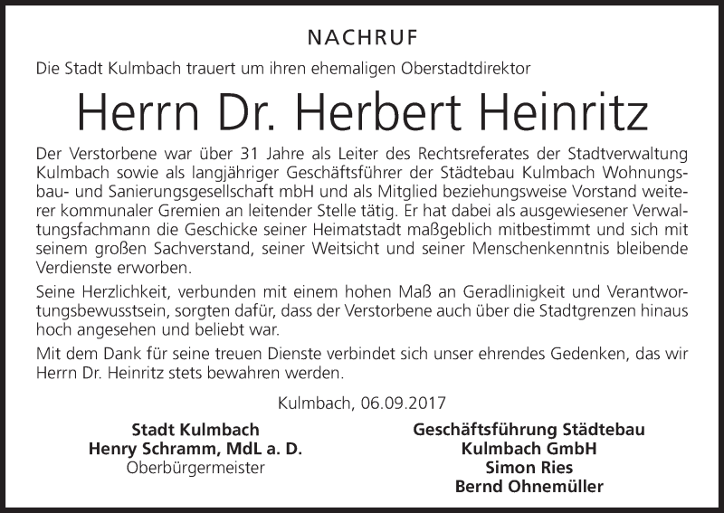  Traueranzeige für Herbert Heinritz vom 06.09.2017 aus MGO