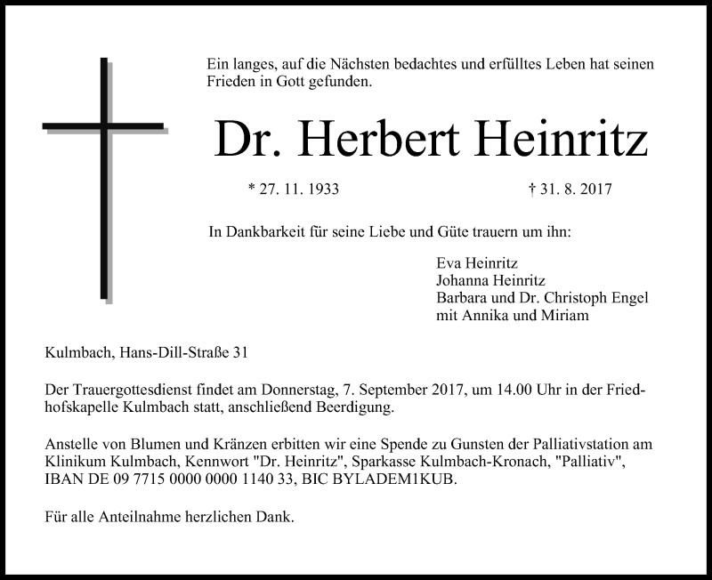  Traueranzeige für Herbert Heinritz vom 05.09.2017 aus MGO