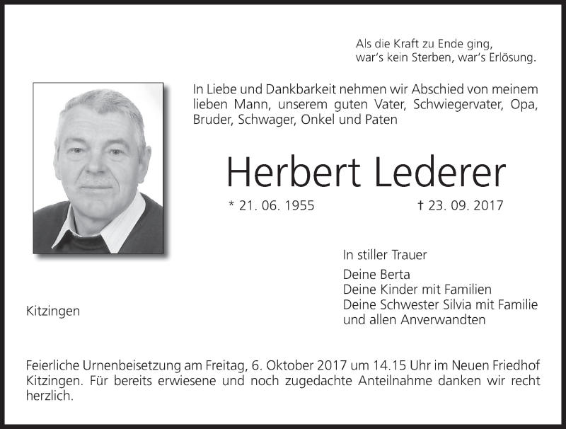  Traueranzeige für Herbert Lederer vom 30.09.2017 aus MGO
