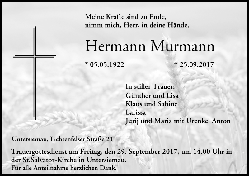  Traueranzeige für Hermann Murmann vom 27.09.2017 aus MGO