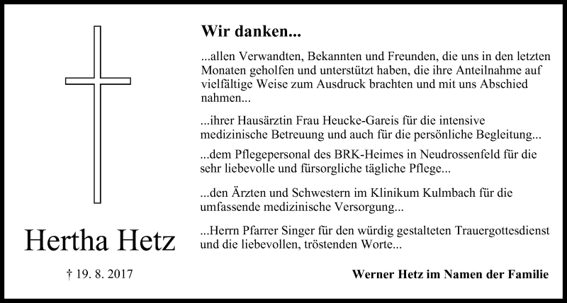  Traueranzeige für Hertha Hetz vom 02.09.2017 aus MGO