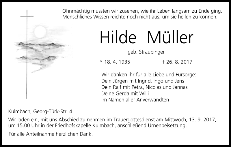  Traueranzeige für Hilde Müller vom 09.09.2017 aus MGO