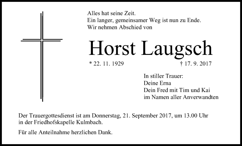  Traueranzeige für Horst Laugsch vom 19.09.2017 aus MGO
