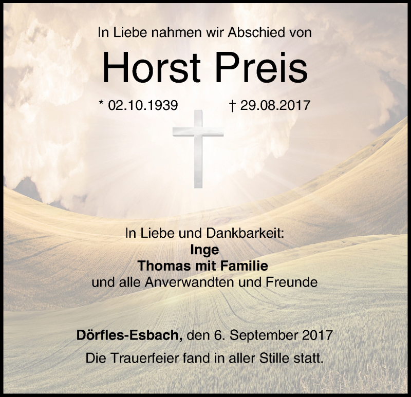  Traueranzeige für Horst Preis vom 06.09.2017 aus MGO