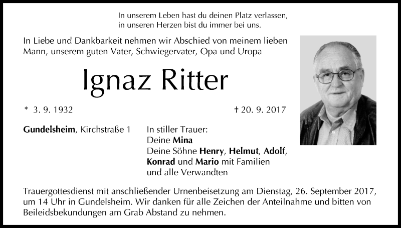  Traueranzeige für Ignaz Ritter vom 23.09.2017 aus MGO