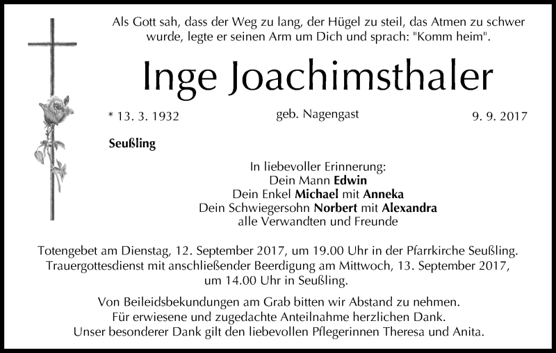  Traueranzeige für Inge Joachimsthaler vom 11.09.2017 aus MGO