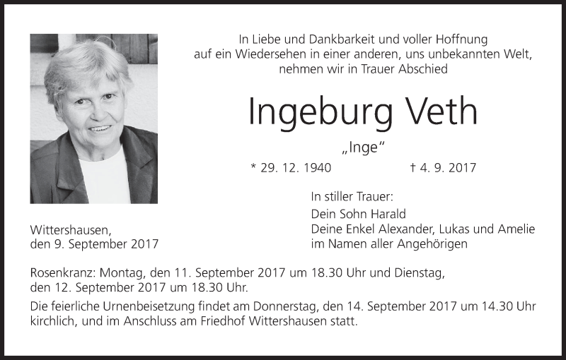  Traueranzeige für Ingeburg Veth vom 09.09.2017 aus MGO