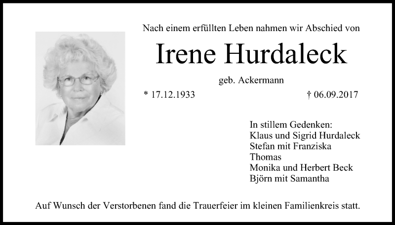  Traueranzeige für Irene Hurdaleck vom 16.09.2017 aus MGO