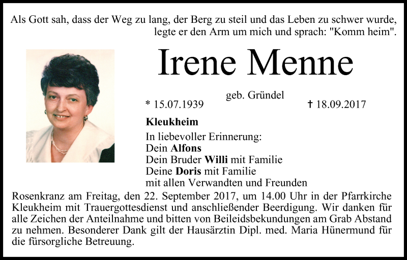  Traueranzeige für Irene Menne vom 20.09.2017 aus MGO