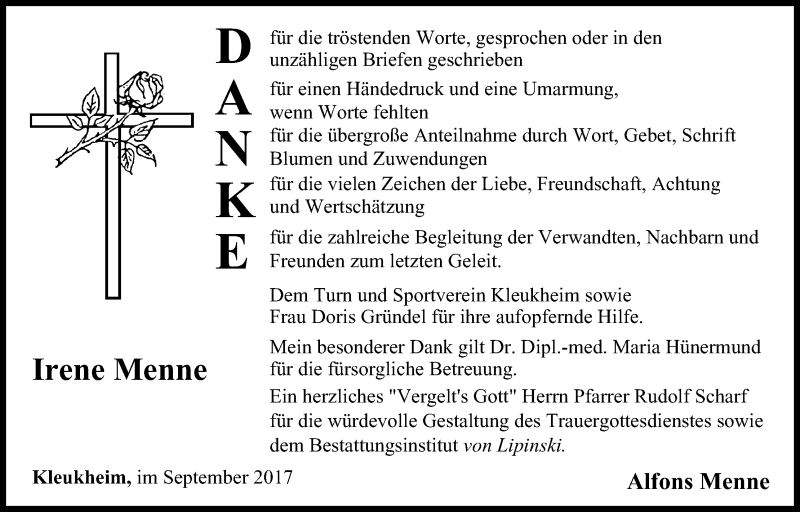 Traueranzeige für Irene Menne vom 30.09.2017 aus MGO