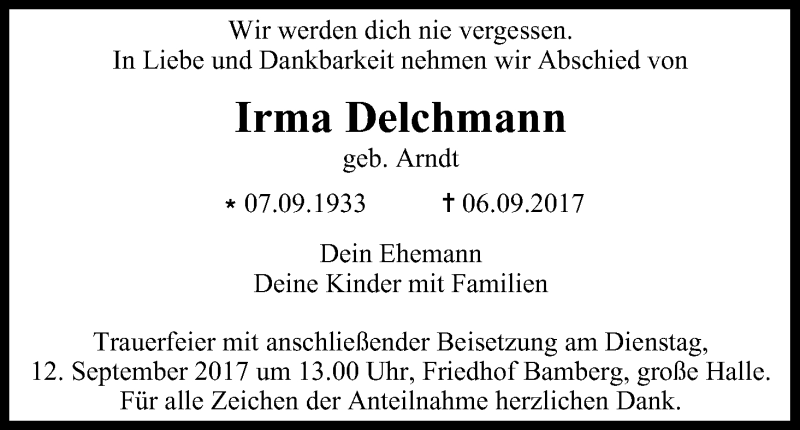  Traueranzeige für Irma Delchmann vom 09.09.2017 aus MGO