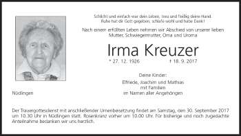Anzeige von Irma Kreuzer von MGO