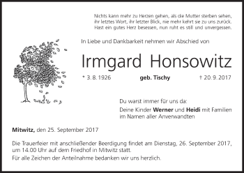 Anzeige von Irmgard Honsowitz von MGO