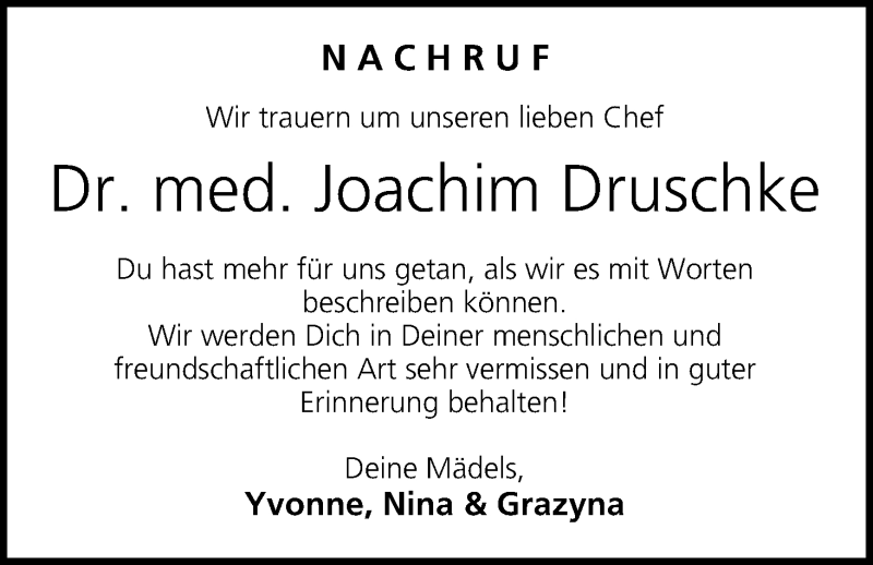  Traueranzeige für Joachim Druschke vom 23.09.2017 aus MGO
