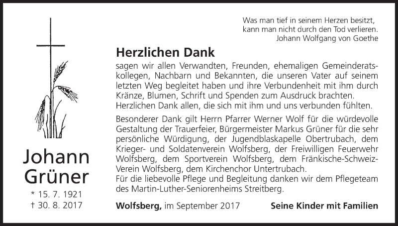  Traueranzeige für Johann Grüner vom 09.09.2017 aus MGO