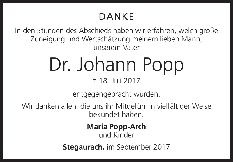  Traueranzeige für Johann Popp vom 09.09.2017 aus MGO