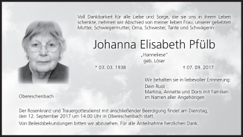 Anzeige von Johanna Elisabeth Pfülb von MGO