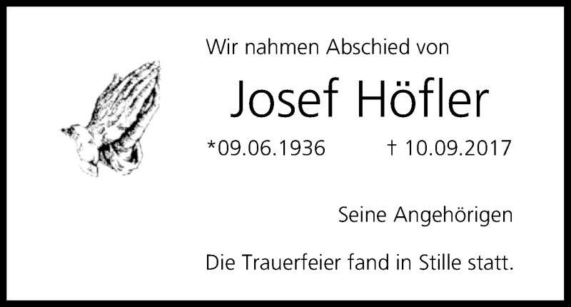 Traueranzeige für Josef Höfler vom 30.09.2017 aus MGO