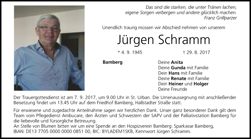  Traueranzeige für Jürgen Schramm vom 05.09.2017 aus MGO