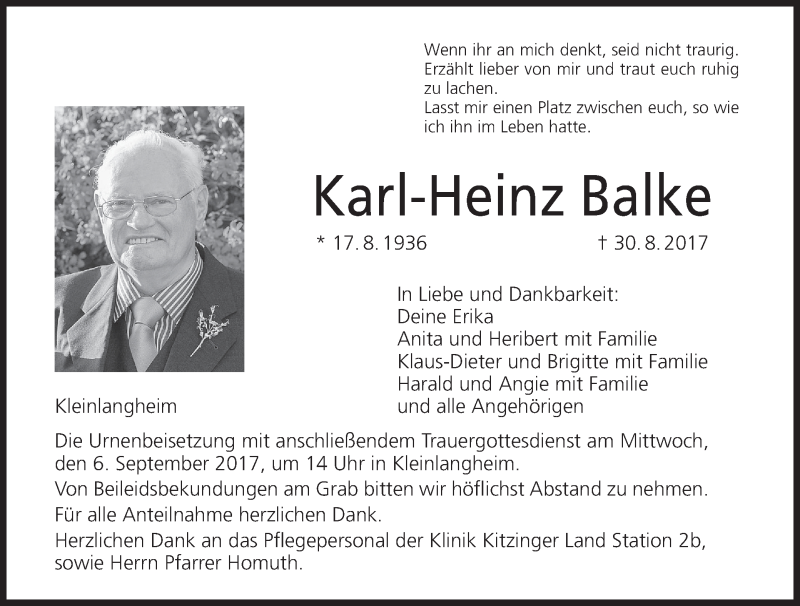  Traueranzeige für Karl-Heinz Balke vom 02.09.2017 aus MGO
