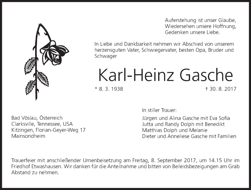  Traueranzeige für Karl-Heinz Gasche vom 06.09.2017 aus MGO