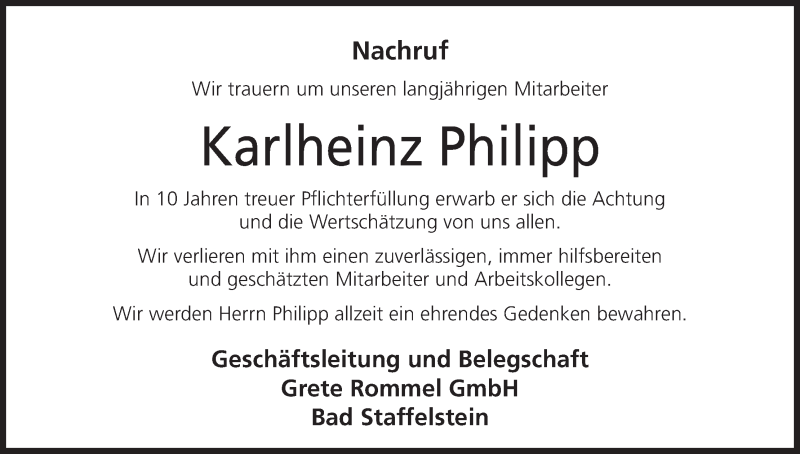  Traueranzeige für Karlheinz Philipp vom 15.09.2017 aus MGO