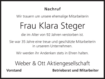 Anzeige von Klara Steger von MGO