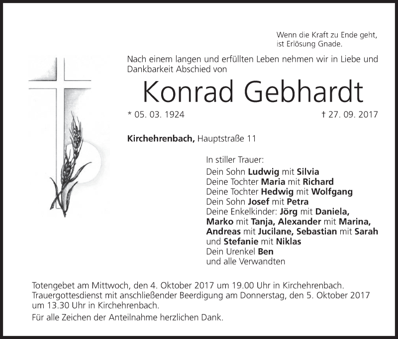  Traueranzeige für Konrad Gebhardt vom 30.09.2017 aus MGO