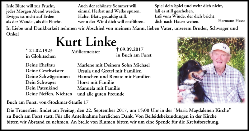  Traueranzeige für Kurt Linke vom 16.09.2017 aus MGO