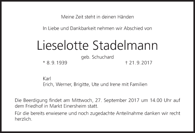 Traueranzeige für Lieselotte Stadelmann vom 25.09.2017 aus MGO