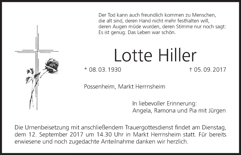  Traueranzeige für Lotte Hiller vom 09.09.2017 aus MGO
