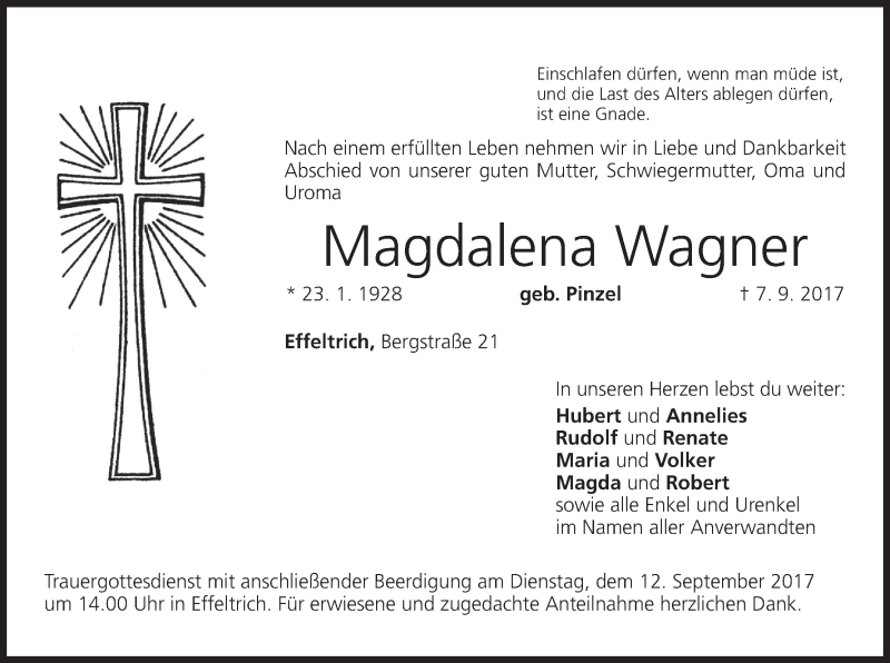  Traueranzeige für Magdalena Wagner vom 09.09.2017 aus MGO