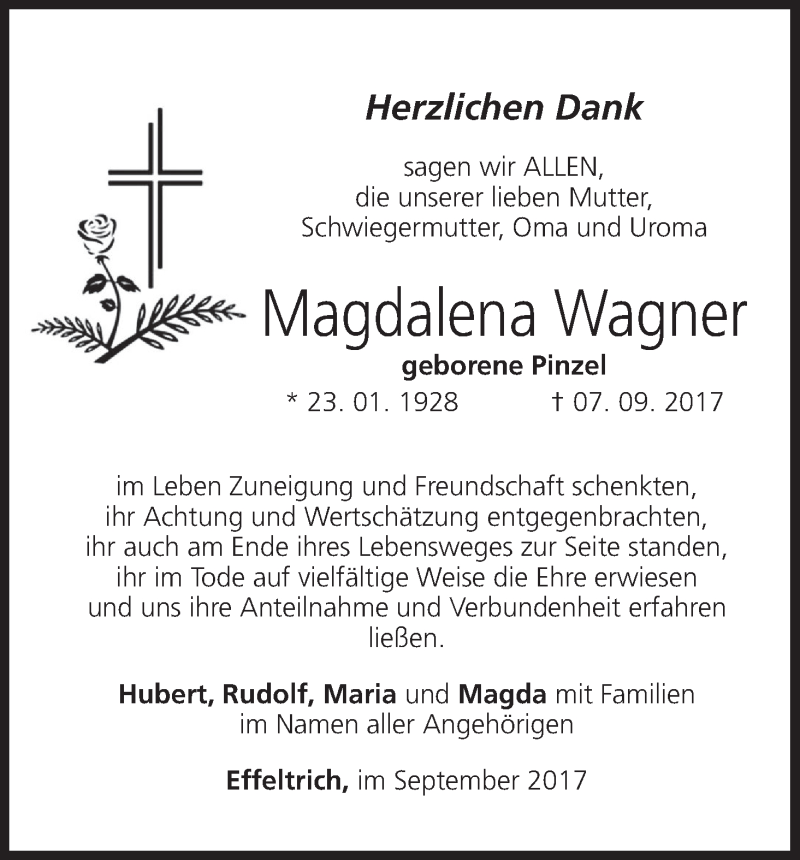  Traueranzeige für Magdalena Wagner vom 30.09.2017 aus MGO