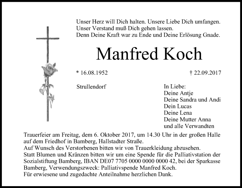  Traueranzeige für Manfred Koch vom 30.09.2017 aus MGO