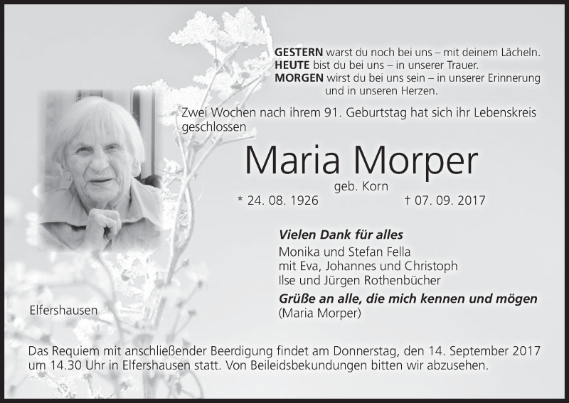 Traueranzeige für Maria Morper vom 09.09.2017 aus MGO