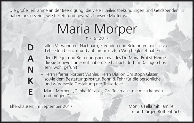  Traueranzeige für Maria Morper vom 23.09.2017 aus MGO
