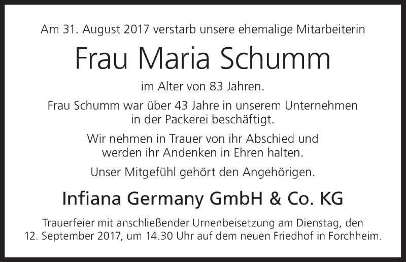  Traueranzeige für Maria Schumm vom 08.09.2017 aus MGO