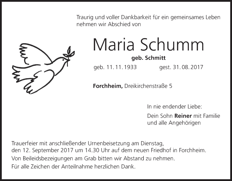  Traueranzeige für Maria Schumm vom 07.09.2017 aus MGO