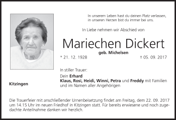 Anzeige von Mariechen Dickert von MGO