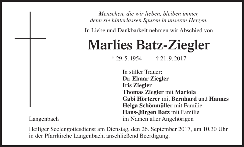  Traueranzeige für Marlies Batz-Ziegler vom 25.09.2017 aus MGO