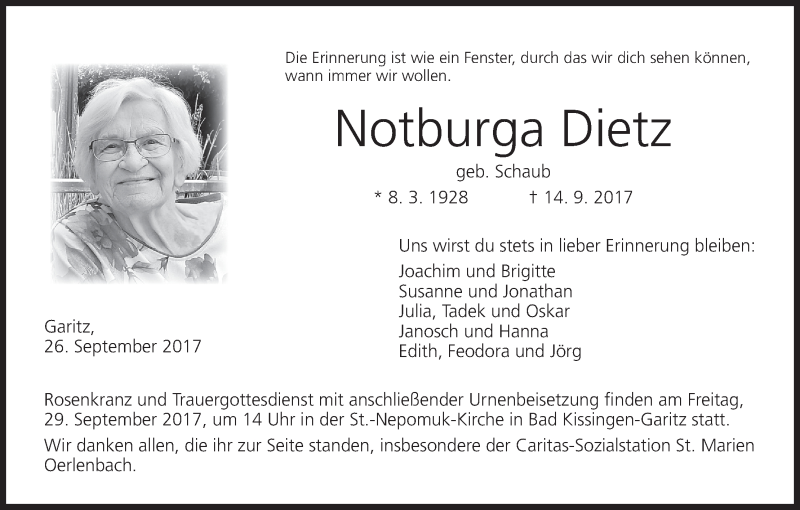  Traueranzeige für Notburga Dietz vom 26.09.2017 aus MGO
